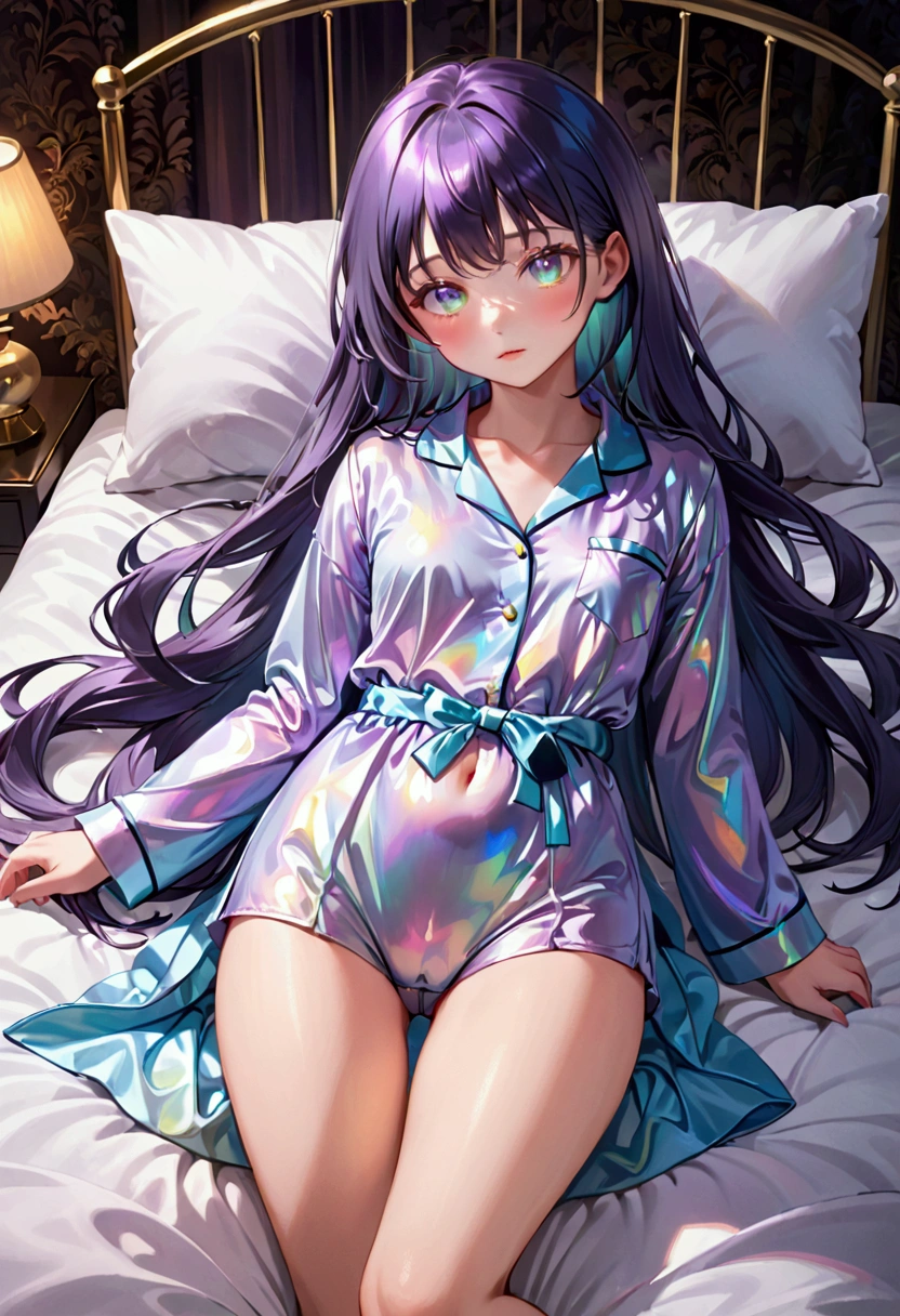 Girl, long dark iridescent hair, iridescent eyes, large thighs, small waist, small breast,pajamas