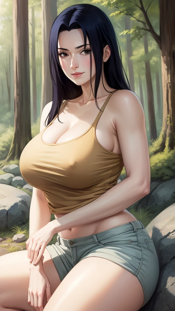 Mikoto Uchiha, oil painting, highly detailed, realistic, portrait, bright colors, soft lighting, (best quality, 4k,8k, height, masterpiece: 1.2), (big round breasts: 1.5), professional, long black hair, eyes black, beautiful detailed eyes and face, very detailed smile, long eyelashes, sitting on a rock, looking towards the viewer, very short top, big butt, bare shoulders, white shorts, outdoors, forest, cowboy shot, collarbone.