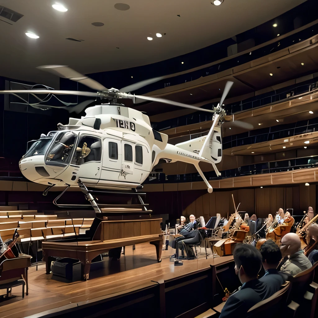 best quality, ultra-detailed, realistic, (white transport helicopter, UH-60, flying:1.4), BREAK (concert hall, orchestra:1.3), from behind, BREAK (motion blur:1.5)