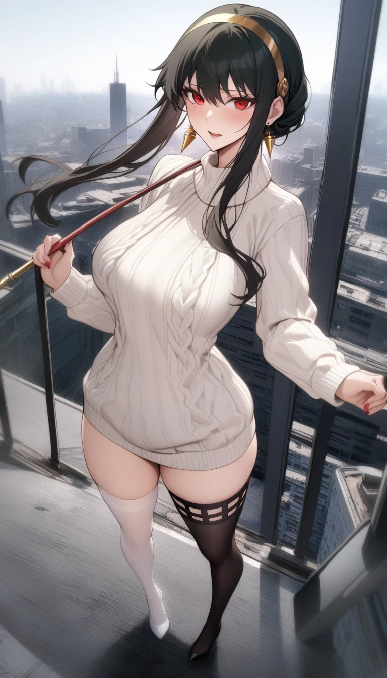 masterpiece, best quality, very aesthetic, absurdres, 1girl, mature_lady, masterpiece, best quality, very aesthetic, absurdres, 1girl, standing, full body, thighhighs,one thighhigh is white, another thighhigh is black, white stocking, black stocking white_sweater, virgin-killing_sweater,,spy_x_family, yor_briar, black_hair, red_eyes, sidelocks, jewelry, gold_earrings, gold_hairband,,on the rooftop of a tall building,floating_clothes