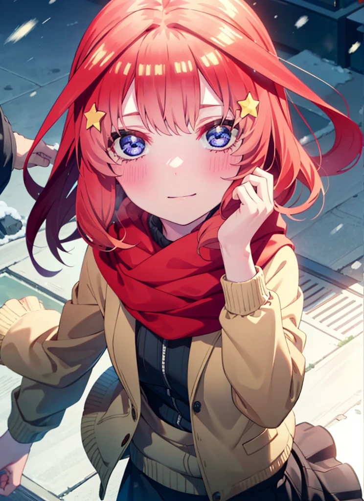 itsukinakano, itsuki nakano, bangs, blue eyes, Hair between the eyes, Ahoge, Redhead, star \(symbol\), hair ornaments, star hair ornaments,smile,Yellow scarf,red coat,White Tokkuri Sweater,Black long skirt,Black pantyhose,short boots,blush,White Breath,Close your mouth,It's snowing,It's snowing,Shirogane World,Walking,whole bodyがイラストに入るように,
break outdoors, Snow Country,Residential Street,
break looking at viewer, whole body,
break (masterpiece:1.2), Highest quality, High resolution, unity 8k wallpaper, (figure:0.8), (Beautiful attention to detail:1.6), Highly detailed face, Perfect lighting, Highly detailed CG, (Perfect hands, Perfect Anatomy),