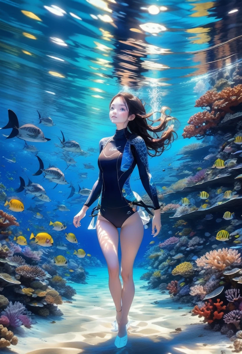deep sea, coral reef, freediving, white wetsuit, night diving, moonlight, weightlessness, ((highest quality, 8k, masterpiece: 1.3)), low angle, backlit, single woman, longhair, swim with dolphins, underwater photography, underwater perspective, underwater floating, sleeveless
