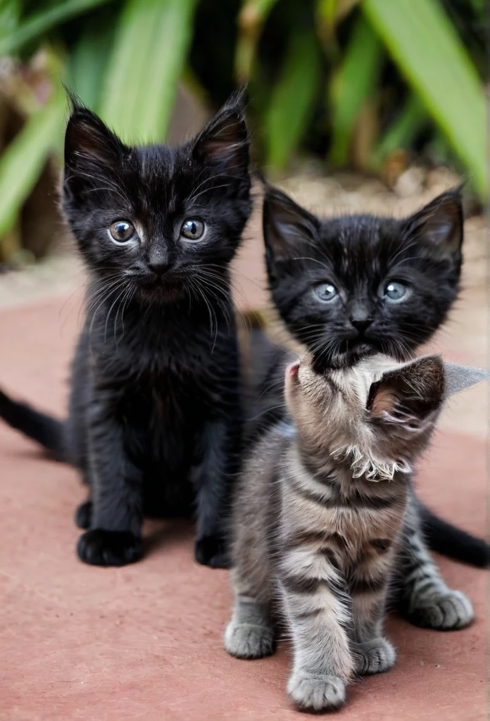 Three tabby colored kitten with one black kitten