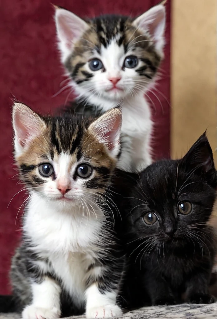 Three tabby colored kitten with one black kitten