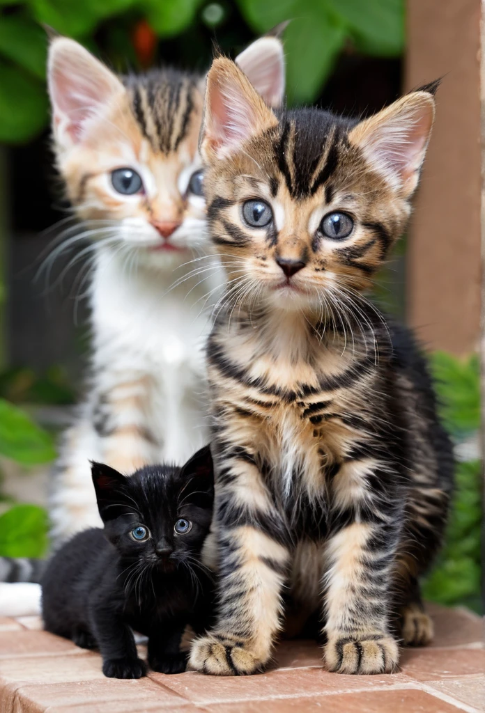 Three tabby colored kitten with one black kitten