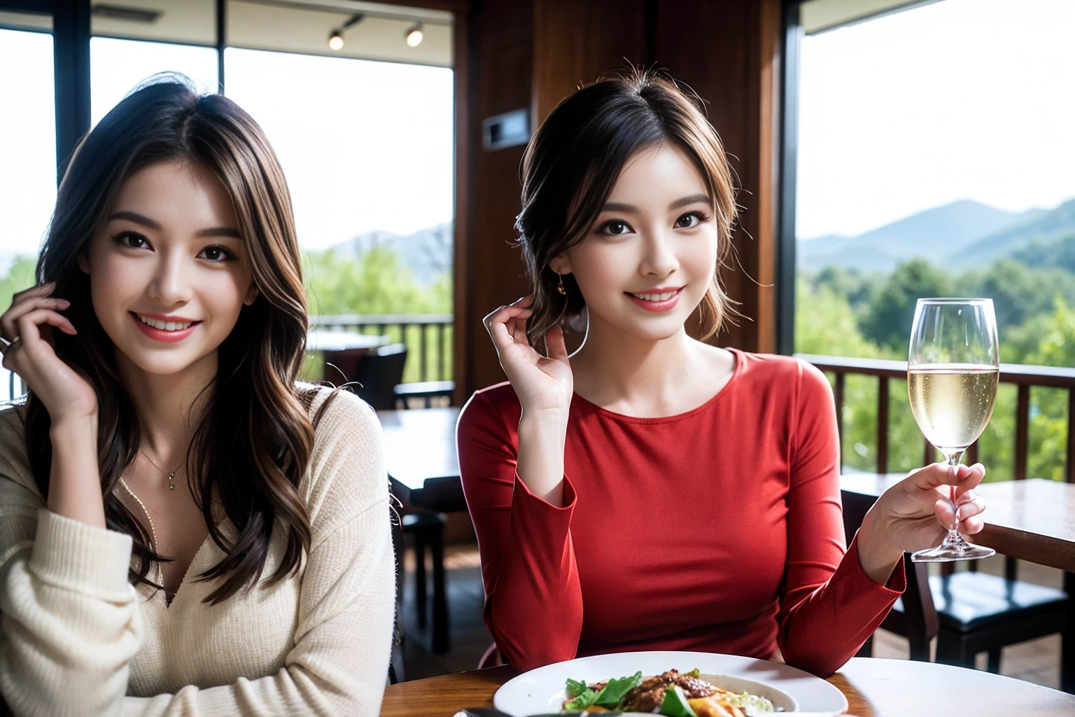 ((Highest quality、8K、masterpiece:1.3))、Shortcuts、cute、slimカップル、modelカップル、actress男優、(Realistic, Intricate details:1.2), full-course dinner、Wine Party、Amazing view of the sunset sky and clouds、A bright smile、short hair,Bright Face、 (Age 45), 42 years old, red wine 、Appetizers、Italian food、Wine bottle、Champagne、sparkling wine、Two beauties、Brown Hair、Shortcuts、Long sleeve shirt、dress、Beautiful woman 1, (slimな顔), (The body is slim), (Brown Hair), (Shortcuts), cheeks turn a little red,Attractive beauty、restaurant, In a prominent place (From the waist up) Nova Frog Style, actress, model, Upper Body, White wine, slim, wine glass, 中央に置かれたwine glass, smile, (smile: 1.15), Beautiful fine grain, Depth f/2,saturation, High Contrast, Strong light and shadow,Moist Body:1.5、3D texture、Delicate eyes、Brown Hair、The hair is very shiny、