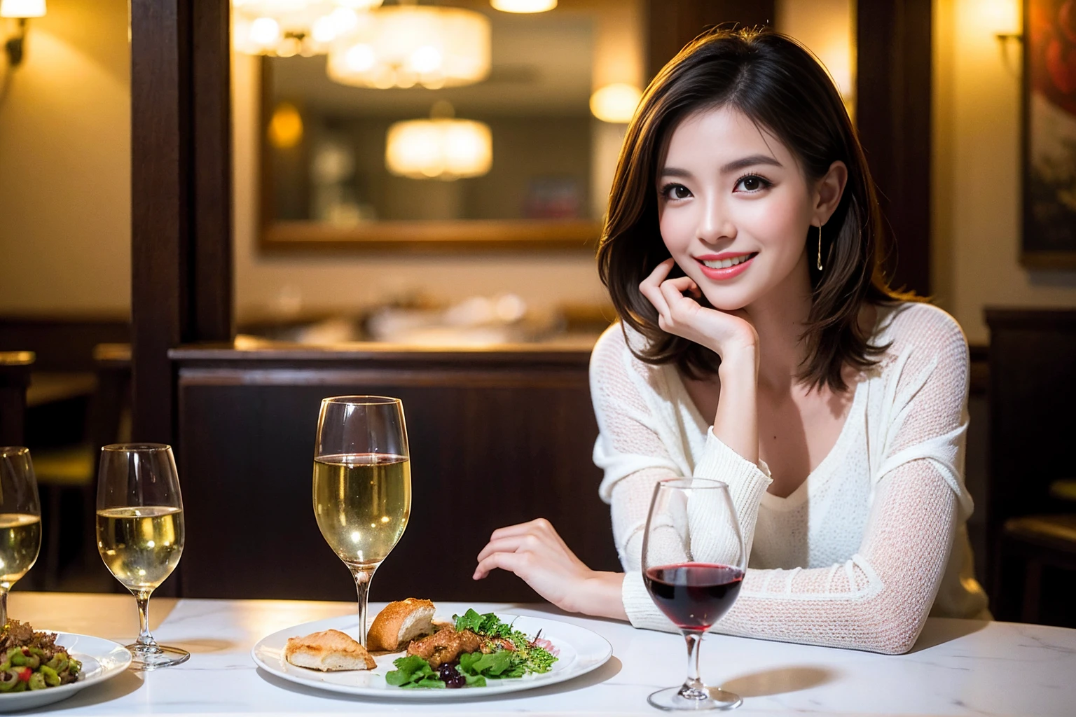 ((Highest quality、8K、masterpiece:1.3))、Shortcuts、cute、slimカップル、modelカップル、actress??、(Realistic, Intricate details:1.2), full-course dinner、Wine Party、Amazing view of the sunset sky and clouds、A bright smile、short hair,Bright Face、 (Age 45), 42 years old, red wine 、Appetizers、Italian food、Wine bottle、Champagne、sparkling wine、Two beauties、Brown Hair、Shortcuts、Long sleeve shirt、dress、Beautiful woman 1, (slimな顔), (The body is slim), (Brown Hair), (Shortcuts), cheeks turn a little red,Attractive beauty、restaurant, In a prominent place (From the waist up) Nova Frog Style, actress, model, Upper Body, White wine, slim, wine glass, 中央に置かれたwine glass, smile, (smile: 1.15), Beautiful fine grain, Depth f/2,saturation, High Contrast, Strong light and shadow,Moist Body:1.5、3D texture、Delicate eyes、Brown Hair、The hair is very shiny、