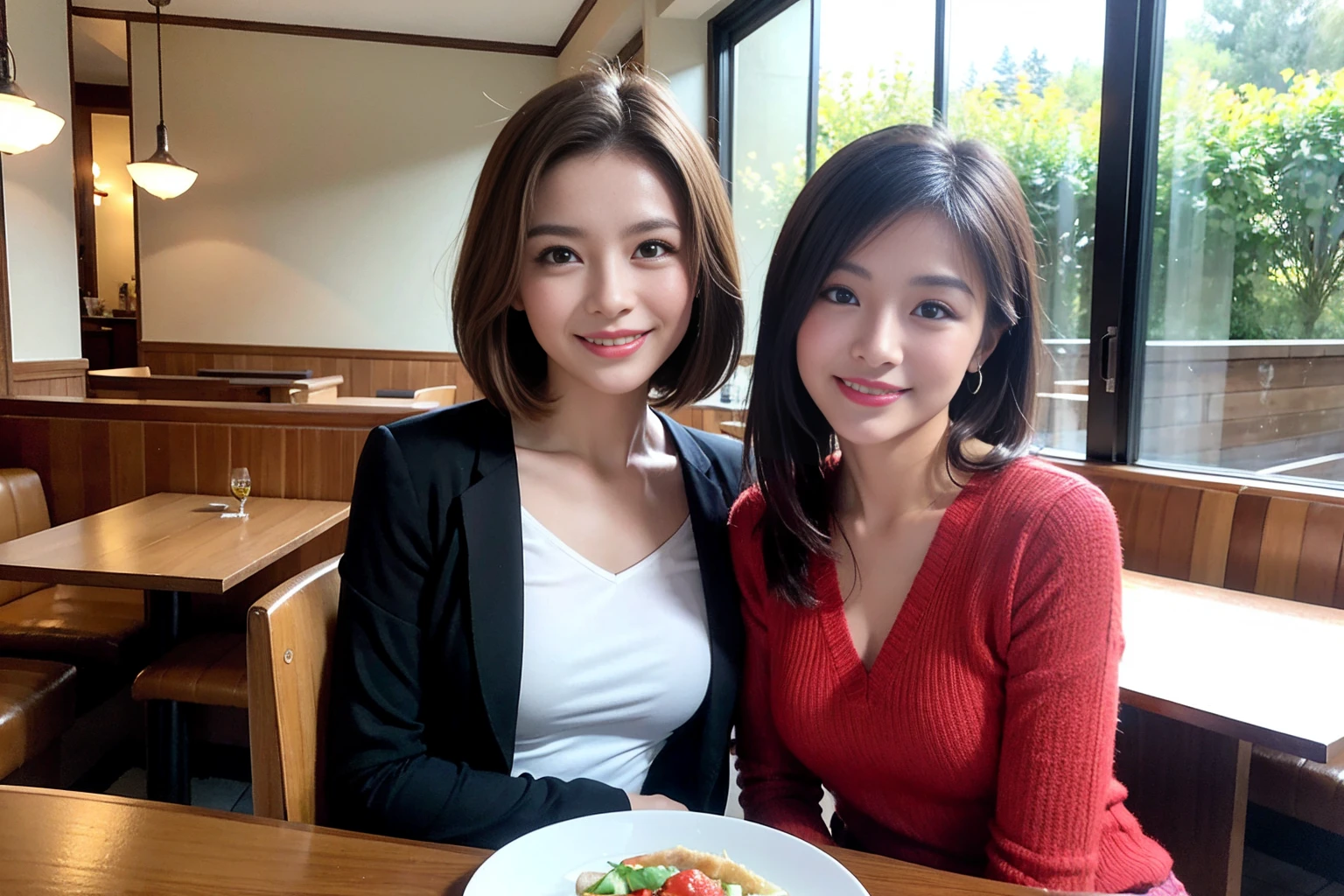 ((Highest quality、8K、masterpiece:1.3))、Shortcuts、cute、slimカップル、modelカップル、actress男優、(Realistic, Intricate details:1.2), full-course dinner、Wine Party、Amazing view of the sunset sky and clouds、A bright smile、short hair,Bright Face、 (Age 45), 42 years old, red wine 、Appetizers、Italian food、Wine bottle、Champagne、sparkling wine、Two beauties、Brown Hair、Shortcuts、Long sleeve shirt、dress、Beautiful woman 1, (slimな顔), (The body is slim), (Brown Hair), (Shortcuts), cheeks turn a little red,Attractive beauty、restaurant, In a prominent place (From the waist up) Nova Frog Style, actress, model, Upper Body, White wine, slim, wine glass, 中央に置かれたwine glass, smile, (smile: 1.15), Beautiful fine grain, Depth f/2,saturation, High Contrast, Strong light and shadow,Moist Body:1.5、3D texture、Delicate eyes、Brown Hair、The hair is very shiny、