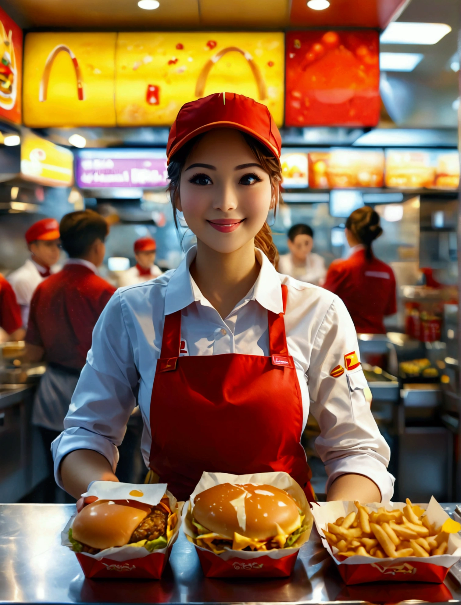 Aphotorealistic, ultra-detailed representation of a dedicated fast food worker serving customers behind the counter in an upper body shot. The individual, showcasing a genuine smile, is skillfully multitasking, handling various orders with precision and attention to detail. Their uniform, emblazoned with the familiar logos of the fast food chain, is worn neatly, and their hands move with dexterity as they assemble meals. The background is a blur of movement, customers lining up to place their orders. The scene is brightly lit, highlighting the worker's focused expression and the intricate mechanisms of the fast food assembly line. The image is shot in 8K UHD, breasts, giga_busty