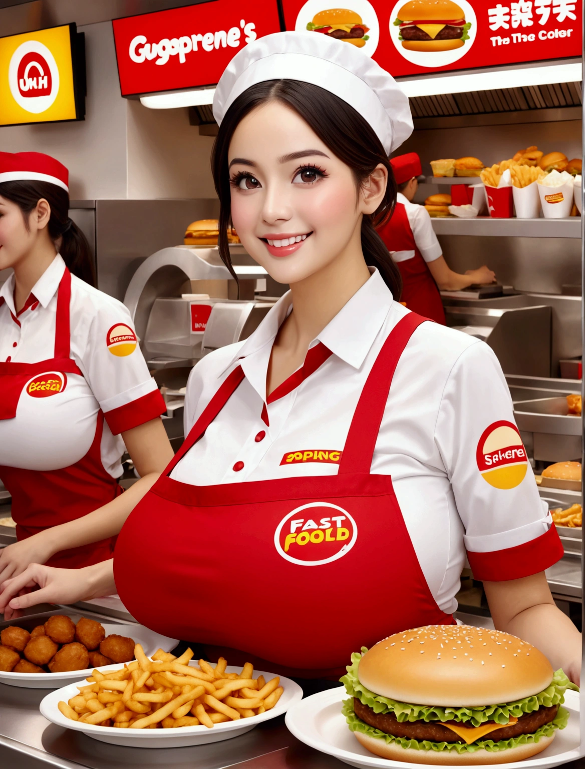 Aphotorealistic, ultra-detailed representation of a dedicated fast food worker serving customers behind the counter in an upper body shot. The individual, showcasing a genuine smile, is skillfully multitasking, handling various orders with precision and attention to detail. Their uniform, emblazoned with the familiar logos of the fast food chain, is worn neatly, and their hands move with dexterity as they assemble meals. The background is a blur of movement, customers lining up to place their orders. The scene is brightly lit, highlighting the worker's focused expression and the intricate mechanisms of the fast food assembly line. The image is shot in 8K UHD, gigantic breasts, giga_busty