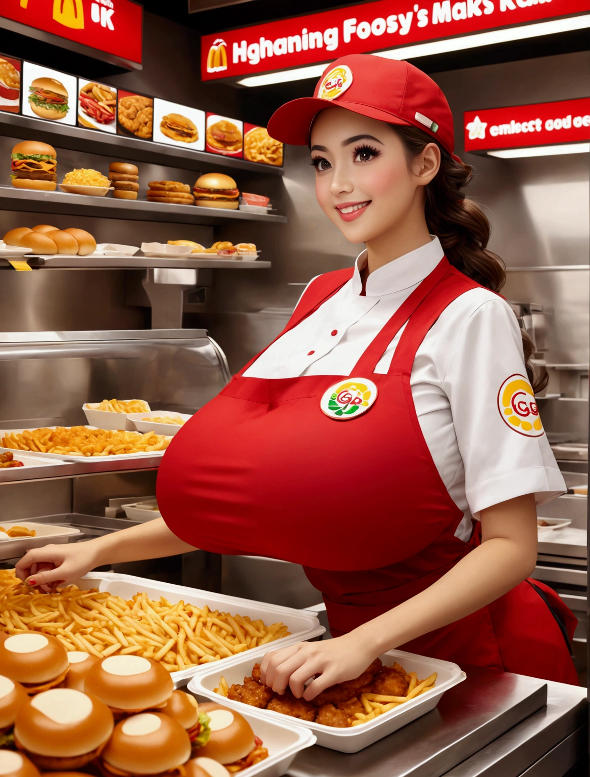 Aphotorealistic, ultra-detailed representation of a dedicated fast food worker serving customers behind the counter in an upper body shot. The individual, showcasing a genuine smile, is skillfully multitasking, handling various orders with precision and attention to detail. Their uniform, emblazoned with the familiar logos of the fast food chain, is worn neatly, and their hands move with dexterity as they assemble meals. The background is a blur of movement, customers lining up to place their orders. The scene is brightly lit, highlighting the worker's focused expression and the intricate mechanisms of the fast food assembly line. The image is shot in 8K UHD, gigantic breasts, giga_busty