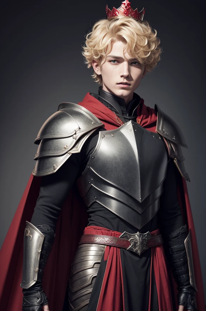 Blonde man with short curly hair wearing black armor-like clothing with a red and black cape with a crown on his head 