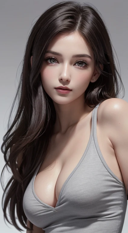 8K Ultra HD、RAWphotograph、モデルphotograph撮影、Russian Race, European racing, (masterpiece, Highest quality, photoGenuineistic, High resolution, photograph: 1.3), close, I focus, Hot Model, slim, 30 years old、Small face、Shortcuts、Dark brown hair、Beautiful eyes in every detail、Genuineな肌, (Perfect body), Sexy hot face, erotic, sexual perspective, slim, Sweat top, Beautiful eyes in every detail、Glossy Lips、Large Breasts、Cleavage、((Bright light、Dynamic Lighting、Genuine、超Genuine、 Genuineism、Genuineistic details、Cool Beauty、Cool pose、Background gray、Plain gray background
