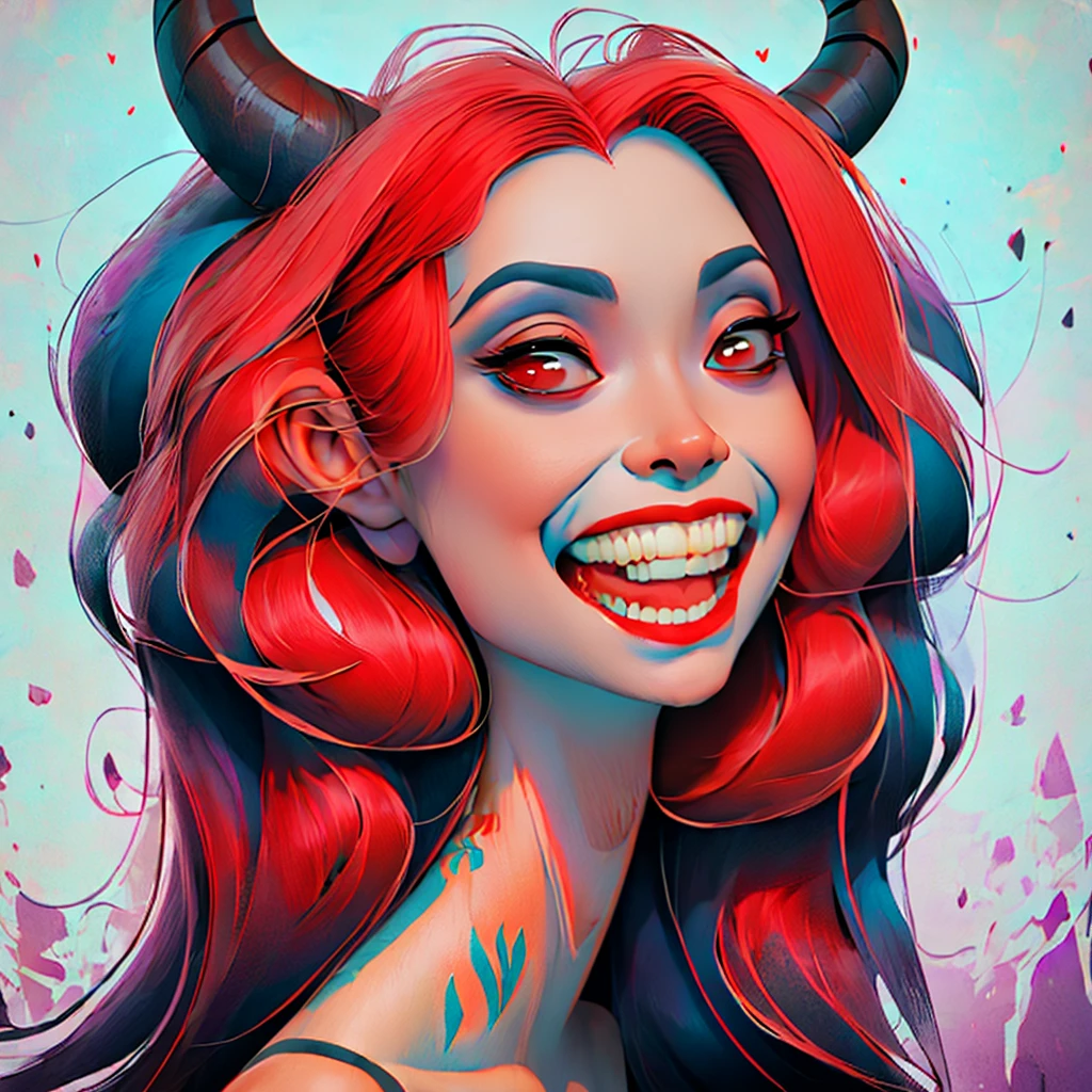 a close up of a tattoo design of a demon's face, demoness, by Rick Griffin, demon woman, queen of hell, portrait of a female demon, demon girl, inspired by Ravi Zupa, by Dave Arredondo, horns and red eyes, by Ravi Zupa, scary queen of death, lowbrow art style, psychedelic laughing demon