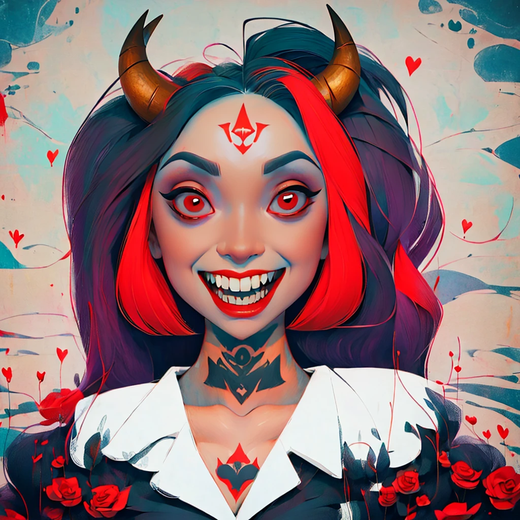 a close up of a tattoo design of a demon's face, demoness, by Rick Griffin, demon woman, queen of hell, portrait of a female demon, demon girl, inspired by Ravi Zupa, by Dave Arredondo, horns and red eyes, by Ravi Zupa, scary queen of death, lowbrow art style, psychedelic laughing demon