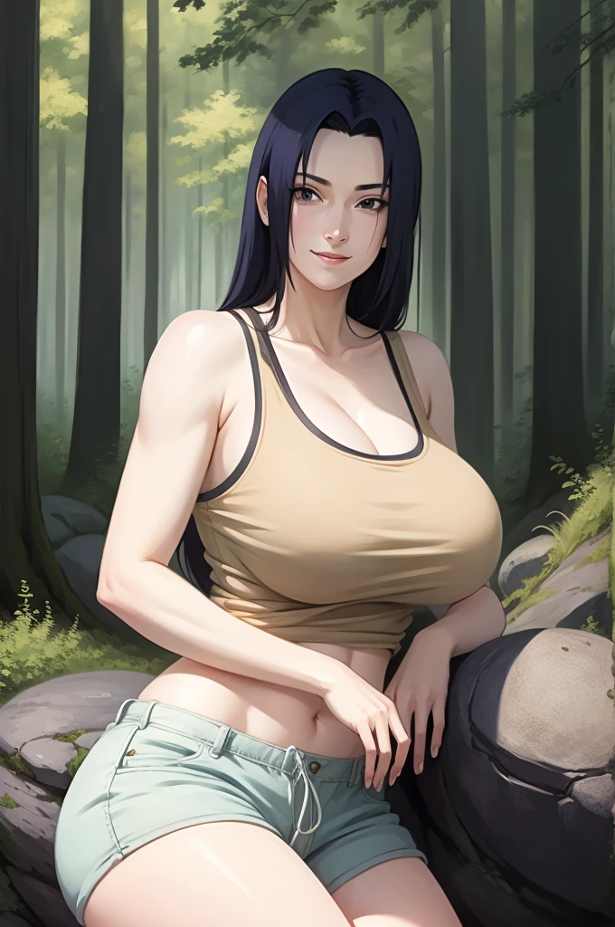 Mikoto Uchiha, oil painting, highly detailed, realistic, portrait, bright colors, soft lighting, (best quality, 4k,8k, height, masterpiece: 1.2), (big round breasts: 1.5), professional, long black hair, eyes black, beautiful detailed eyes and face, very detailed smile, long eyelashes, sitting on a rock, looking towards the viewer, very short top, big butt, bare shoulders, white shorts, outdoors, forest, cowboy shot, collarbone.