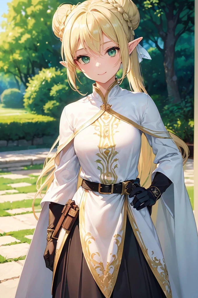 (((masterpiece; best quality: 1.2))), (finely detailed eyes: 1.3), (25 year old elf woman), (solo), (green eyes: 1.4), (body; lithe, fit, femenine: 1.3), (silky blonde hair + bun: 1.3), (beautiful and clear background: 1.2), ((depth of field)), (equipment: adventurer attire + modest + long white tunic-coat + black longskirt + gloves + belt + pouches: 1.3), (anime illustration: 1.2), (background composition; royal garden: 1.1), (extremely fine and beautiful: 1.1), (shot composition; standing + centered on torso + close-up: 1.5), (expression; calm, smile: 1.2)