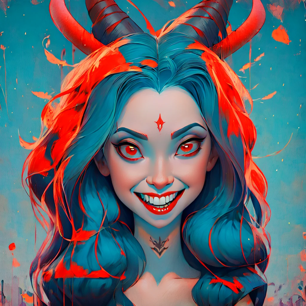 a close up of a tattoo design of a demon's face, demoness, by Rick Griffin, demon woman, queen of hell, portrait of a female demon, demon girl, inspired by Ravi Zupa, by Dave Arredondo, horns and red eyes, by Ravi Zupa, scary queen of death, lowbrow art style, psychedelic laughing demon