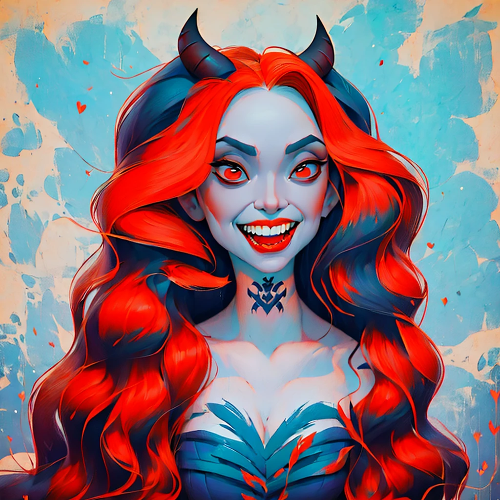a close up of a tattoo design of a demon's face, a tattoo by Rick Griffin, tumblr, lowbrow, demoness, demon woman, queen of hell, portrait of a female demon, demon girl, horns and red eyes, scary queen of death, lowbrow art style, psychedelic laughing demon, succubus | medieval, arte lowbrow style, mara demon