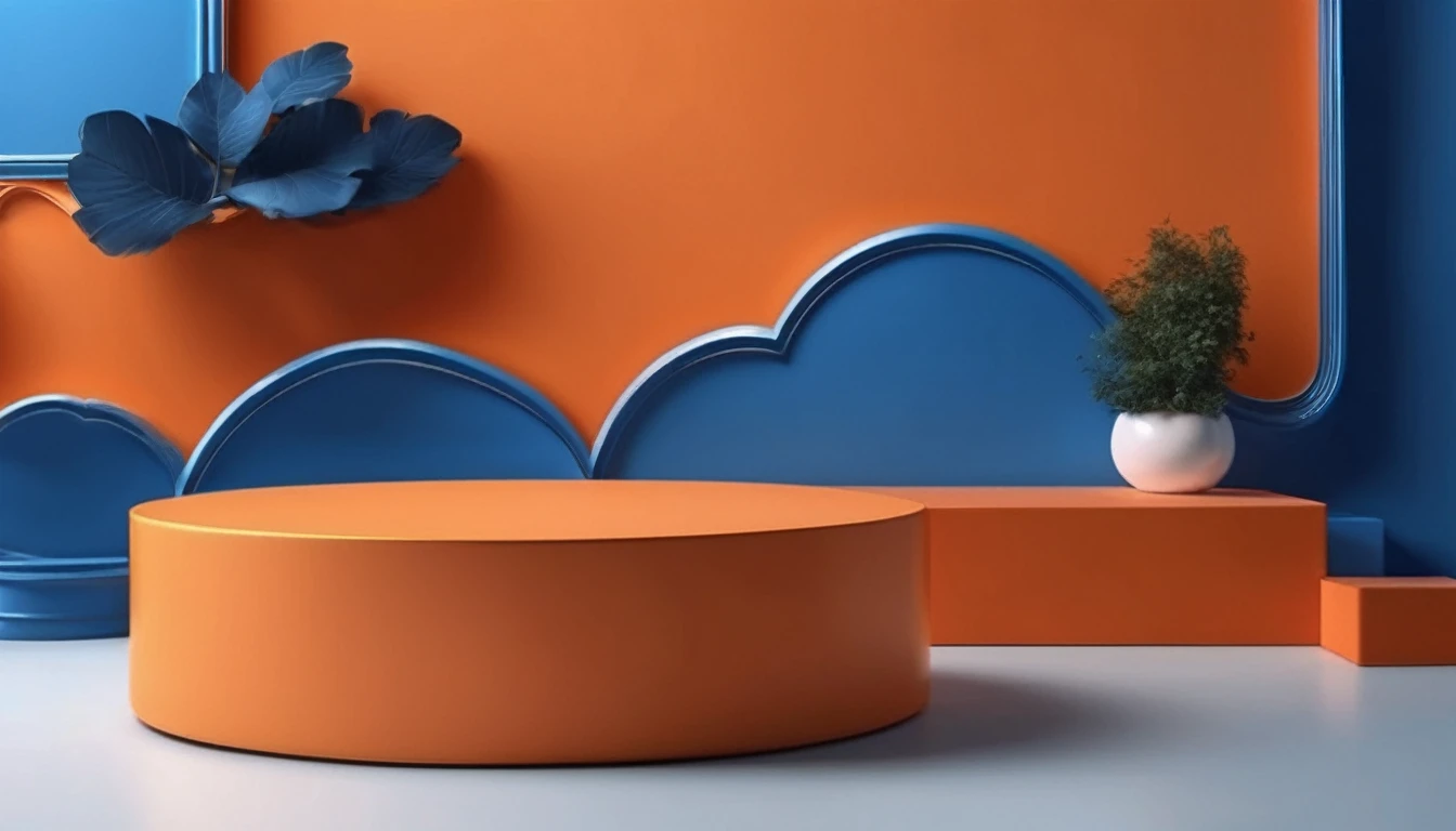 Blue and orange display podium for luxury product advertisment with paste leave background, small cloud, perfect composition, hyper detailed