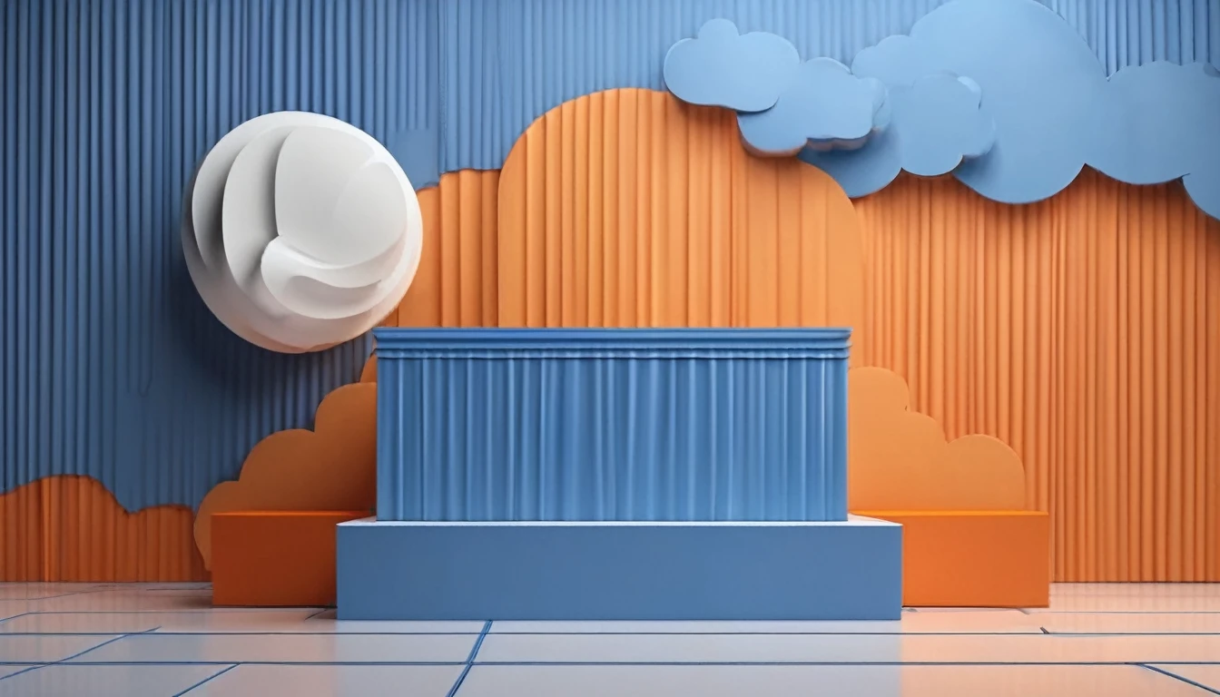 Blue and orange display podium for luxury product advertisment with paste leave background, small cloud, perfect composition, hyper detailed