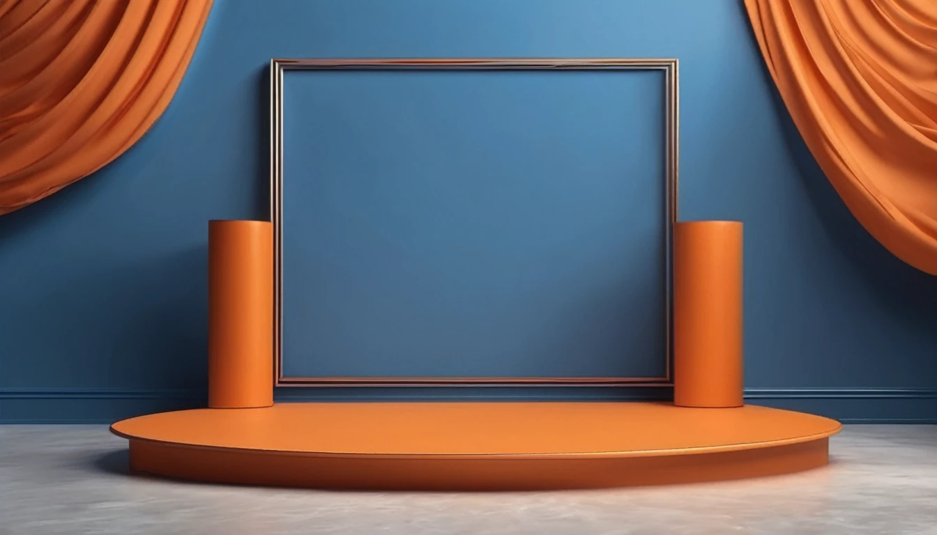 Blue and orange display podium for luxury product advertisment with paste leave background, small cloud, perfect composition, hyper detailed
