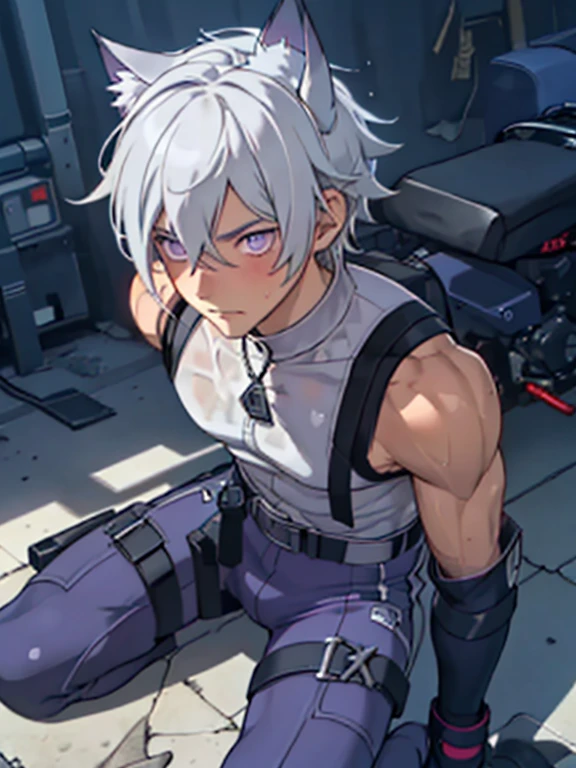 1 young person,alone,18-year-old,male,Shocked facial expression,blush,good looking,White hair Blue eyes,Purple eyes, Cat ear　Side view　Kneeled　Open your mouth and scream　suffer　Sleeveless, wistful expression　Exposure to electricity　Get it