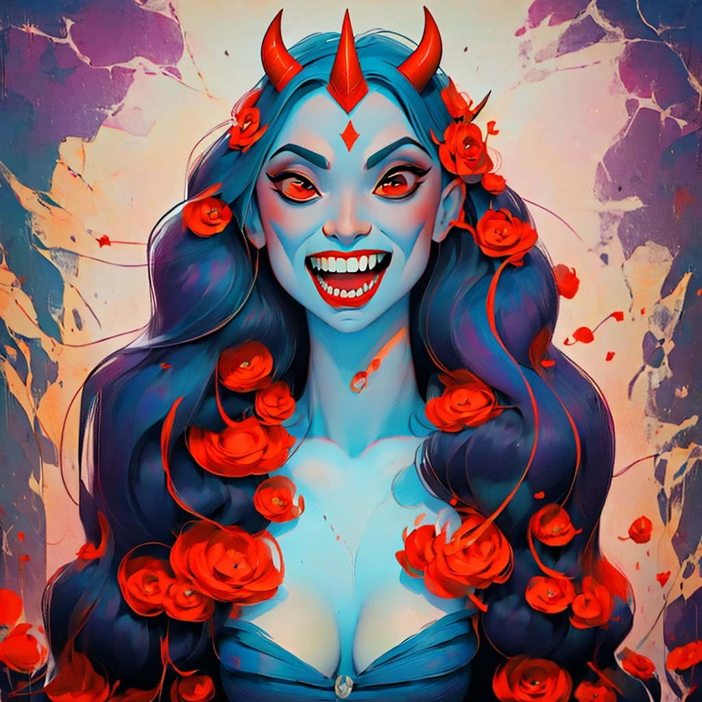 a close up of a tattoo design of a demon's face, demoness, by Rick Griffin, demon woman, queen of hell, portrait of a female demon, demon girl, inspired by Ravi Zupa, by Dave Arredondo, horns and red eyes, by Ravi Zupa, scary queen of death, lowbrow art style, psychedelic laughing demon