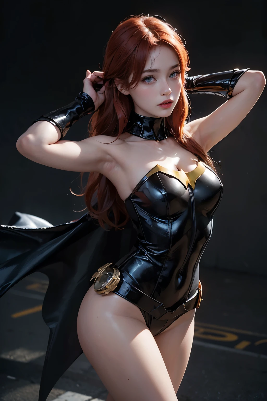 a beautiful redhead woman with blue eyes, from the front dressed as a batgirl with bare shoulders and hands behind her head