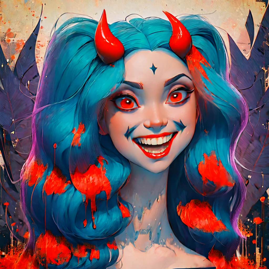 a close up of a tattoo design of a demon's face, demoness, by Rick Griffin, demon woman, queen of hell, portrait of a female demon, demon girl, inspired by Ravi Zupa, by Dave Arredondo, horns and red eyes, by Ravi Zupa, scary queen of death, lowbrow art style, psychedelic laughing demon