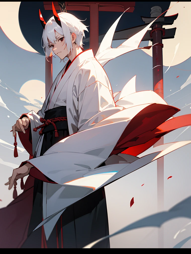 Japanese sword, black eyes, white horns, short white hair, ninja costume, torii gate, male, full moon, fang halo