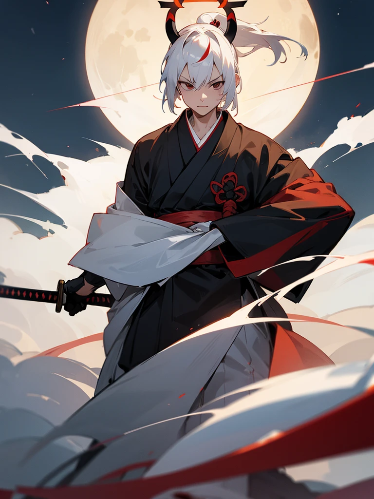 Japanese sword, black eyes, white horns, short white hair, ninja costume, torii gate, male, full moon, fang halo