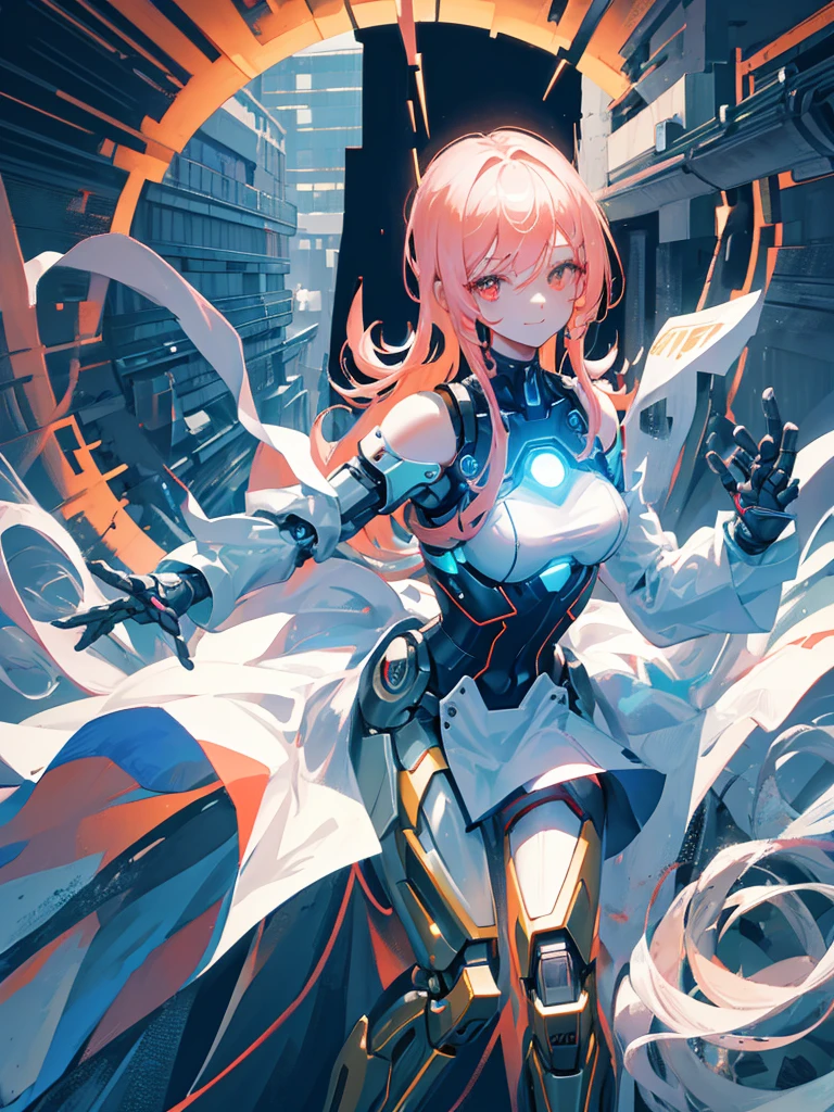 1 robot girl, android, robot style fingers, robot style legs, humanized android, looks perfectly like human being, beautiful girl, wearing scientist clothes, white coat, rose gold hair, shoulder length hair, straight hair, fiery red eyes, smiling mysteriously, looking at the viewer, apocalyptic science fiction sensation, posing scientist pose, with apocalypse background, falling buildings, sci-fi sensation, robotic background, scientific background