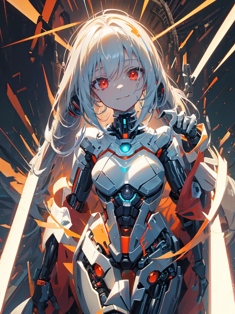 1 robot girl, android, robot style fingers, robot style legs, humanized android, looks perfectly like human being, beautiful girl, wearing scientist clothes, white coat, rose gold hair, shoulder length hair, straight hair, fiery red eyes, smiling mysteriously, looking at the viewer, apocalyptic science fiction sensation, posing scientist pose, with apocalypse background, falling buildings, sci-fi sensation, robotic background, scientific background
