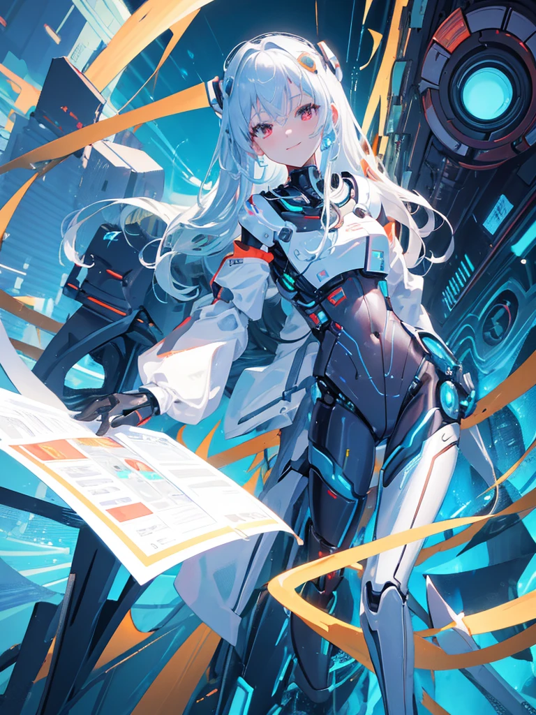 1 robot girl, android, robot style fingers, robot style legs, humanized android, looks perfectly like human being, beautiful girl, wearing scientist clothes, white coat, rose gold hair, shoulder length hair, straight hair, fiery red eyes, smiling mysteriously, looking at the viewer, apocalyptic science fiction sensation, posing scientist pose, with apocalypse background, falling buildings, sci-fi sensation, robotic background, scientific background