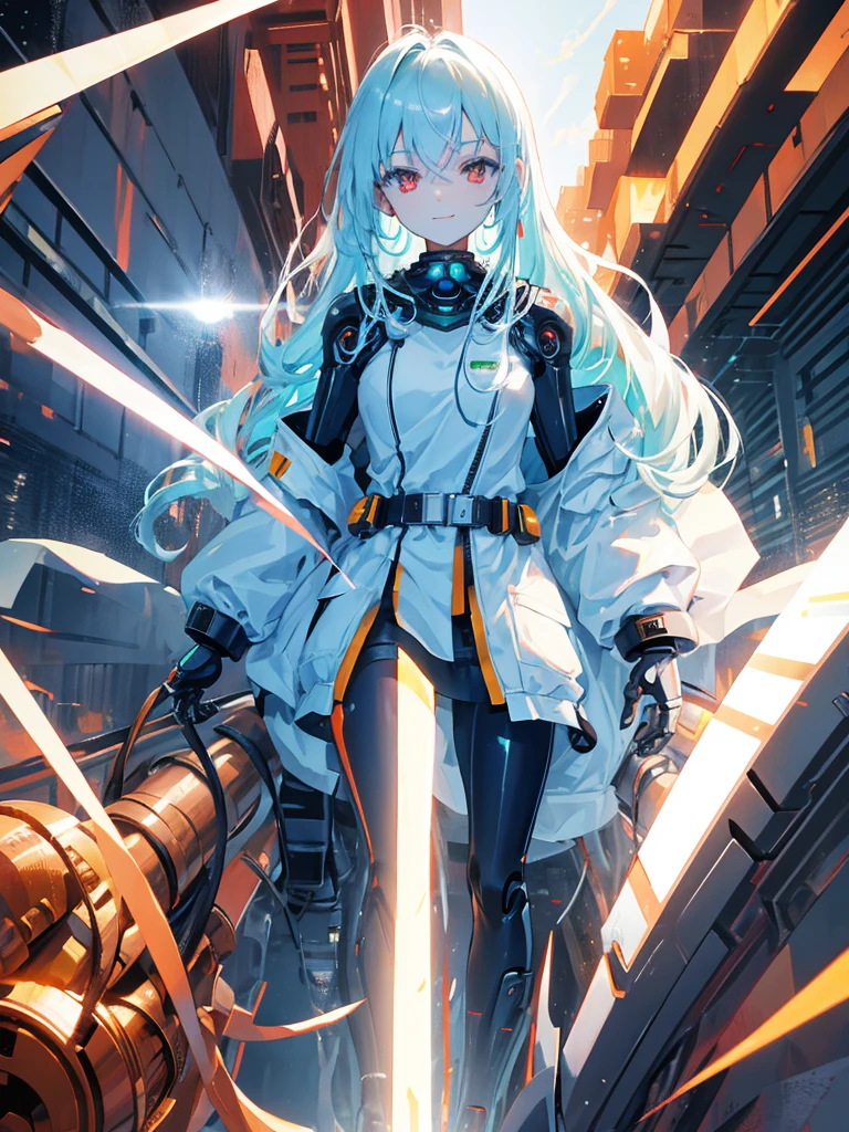 1 robot girl, android, robot style fingers, robot style legs, humanized android, looks perfectly like human being, beautiful girl, wearing scientist clothes, white coat, rose gold hair, shoulder length hair, straight hair, fiery red eyes, smiling mysteriously, looking at the viewer, apocalyptic science fiction sensation, posing scientist pose, with apocalypse background, falling buildings, sci-fi sensation, robotic background, scientific background