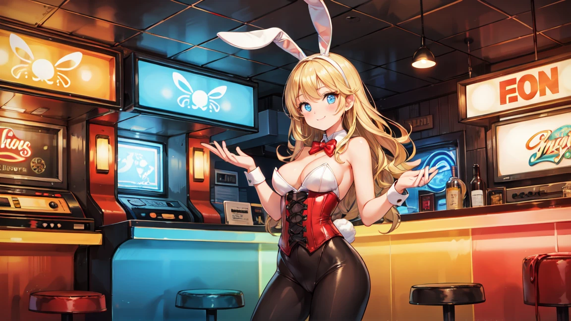 "A beautiful American bunny girl, wearing a classic Playboy Bunny outfit with a patriotic twist. She has blonde hair styled in soft waves, blue eyes, and a bright smile. The outfit includes a red, white, and blue corset, matching high heels, and a pair of fluffy white bunny ears with an American flag pattern. She is standing in a 1950s-style diner with retro decor, neon lights, and a jukebox in the background. The atmosphere is lively and fun, capturing the spirit of American pop culture."
