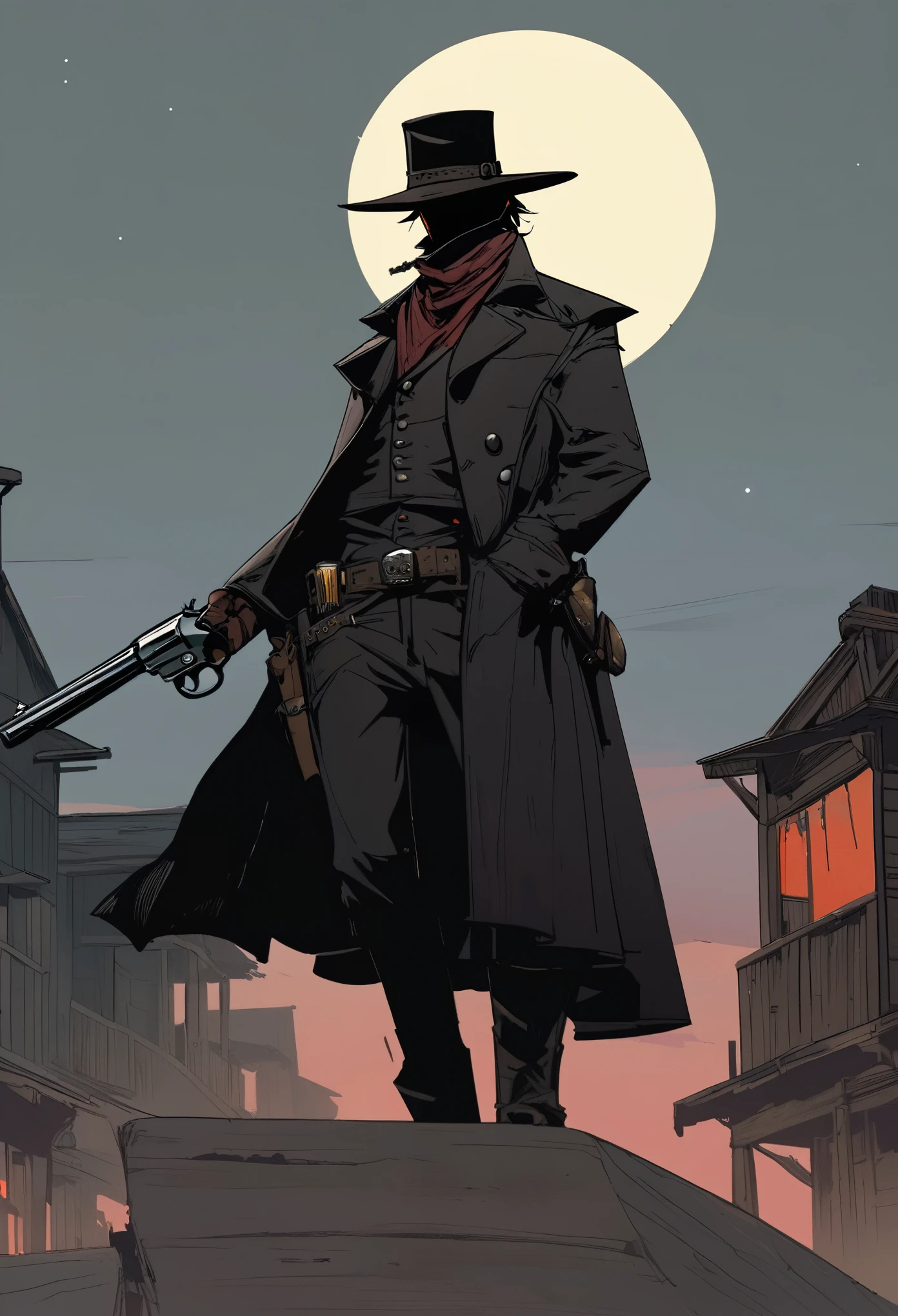 score_9, score_8_up, score_7_up, score_6_up, score_5_up, score_4_up, 1man, Western, Desert, Dark night, Horizon, far away, Wild West, red dead Redemption, cartoon art style, Holstered pistol, ready to draw, black hat, black overcoat, dark, Bandit, old west town, City, bloodborn, Hunter, fromsoftwere, soulslike, Terror, moon, night, black sky, wind, bloodborn hunter hat, Gothic, Victorian 