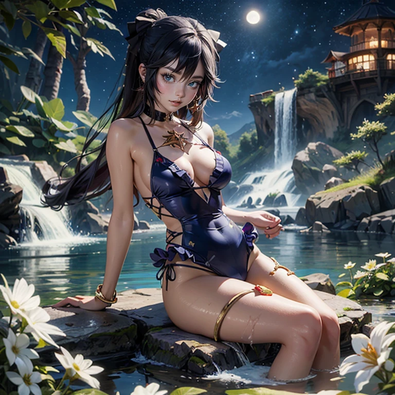 1 girl, lake scene, navy swim suit, seat on the water, gold details on her clothes, waterfall, white flowers on focus, full moon, black hair, swim suit with frills, night, flowing hair, crystals, sparkles, firefly