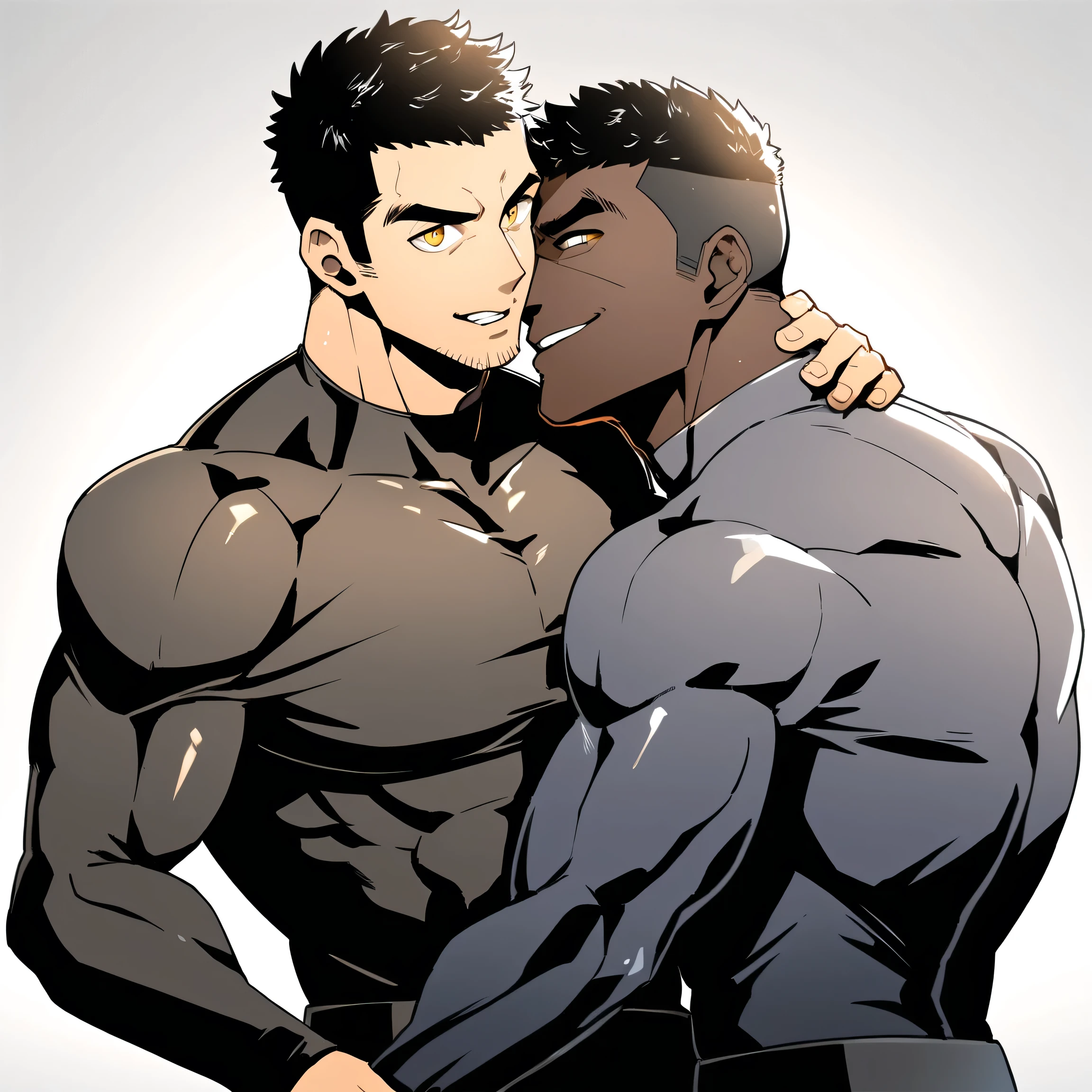 anime characters:Two superheroes in tights, Muscle superhero, negro black skin, They hugged and kissed each other, Bite your neck, Caress, Manliness, male focus, Yellow and black high collar long sleeve tight T-shirt, Slightly transparent material, Very tight, Round, full and perky chest muscles, Muscle waist, Slightly transparent, muscular male, muscular, only, Upper body, alone, Black short hair, Thick eyebrows, stubble, Yellow eyes, Grey background, simple background, amazing quality, best aesthetics, Ridiculous, bright pupils, crew cut, parted lips, seductive smile, torogao, naughty face, drop shadow, best quality