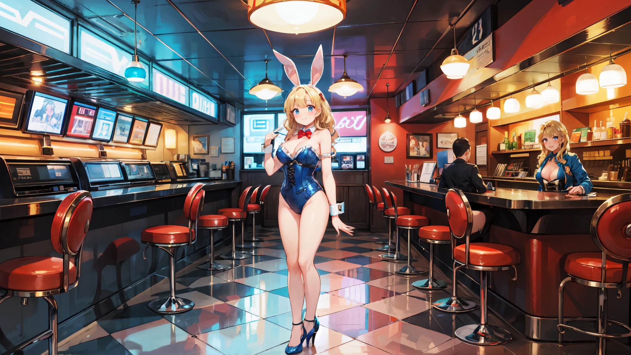 "A beautiful American bunny girl, wearing a classic Playboy Bunny outfit with a patriotic twist. She has blonde hair styled in soft waves, blue eyes, and a bright smile. The outfit includes a red, white, and blue corset, matching high heels, and a pair of fluffy white bunny ears with an American flag pattern. She is standing in a 1950s-style diner with retro decor, neon lights, and a jukebox in the background. The atmosphere is lively and fun, capturing the spirit of American pop culture."