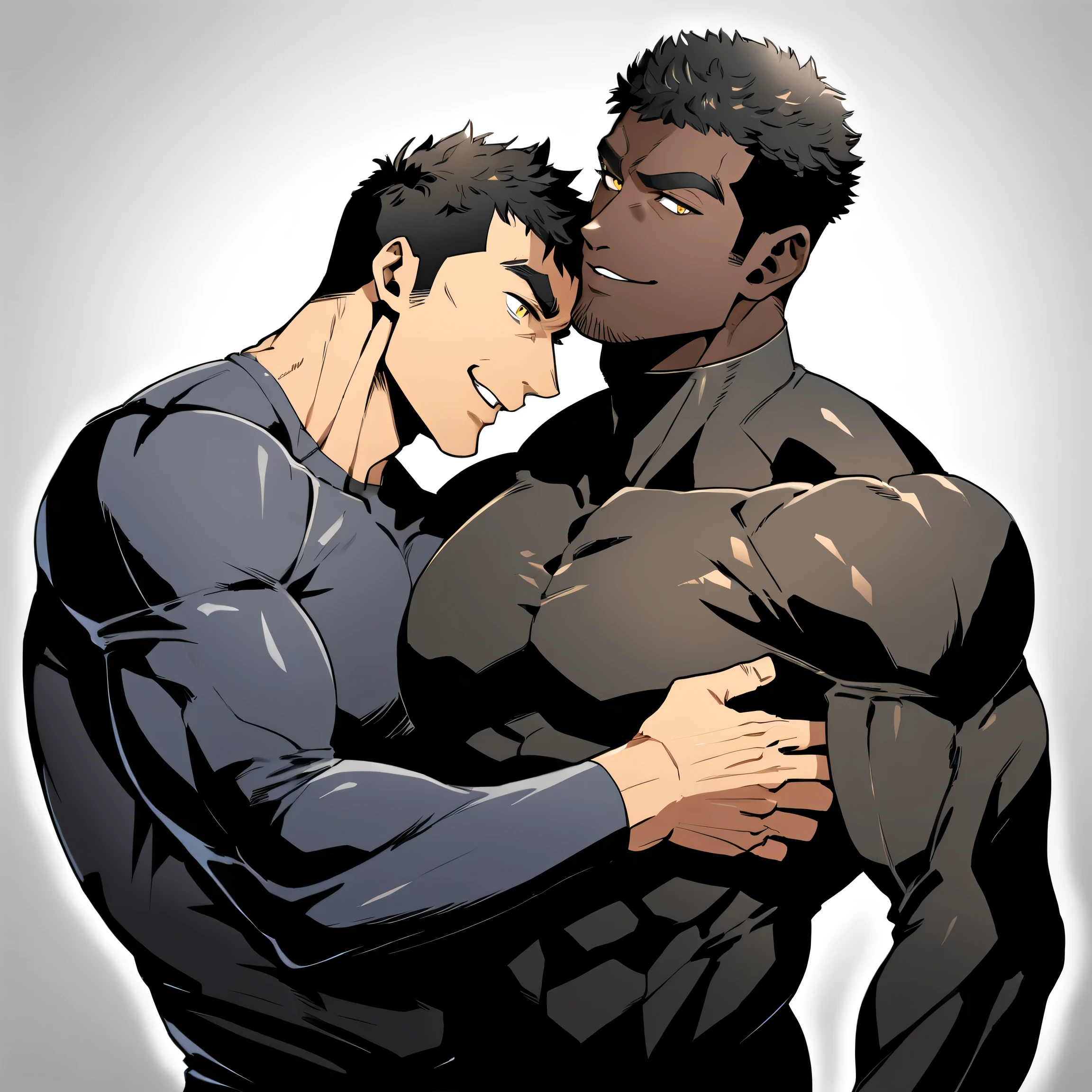 anime characters:Two superheroes in tights, Muscle superhero, negro black skin, They hugged and kissed each other, Bite your neck, Caress, Manliness, male focus, Yellow and black high collar long sleeve tight T-shirt, Slightly transparent material, Very tight, Round, full and perky chest muscles, Muscle waist, Slightly transparent, muscular male, muscular, only, Upper body, alone, Black short hair, Thick eyebrows, stubble, Yellow eyes, Grey background, simple background, amazing quality, best aesthetics, Ridiculous, bright pupils, crew cut, parted lips, seductive smile, torogao, naughty face, drop shadow, best quality