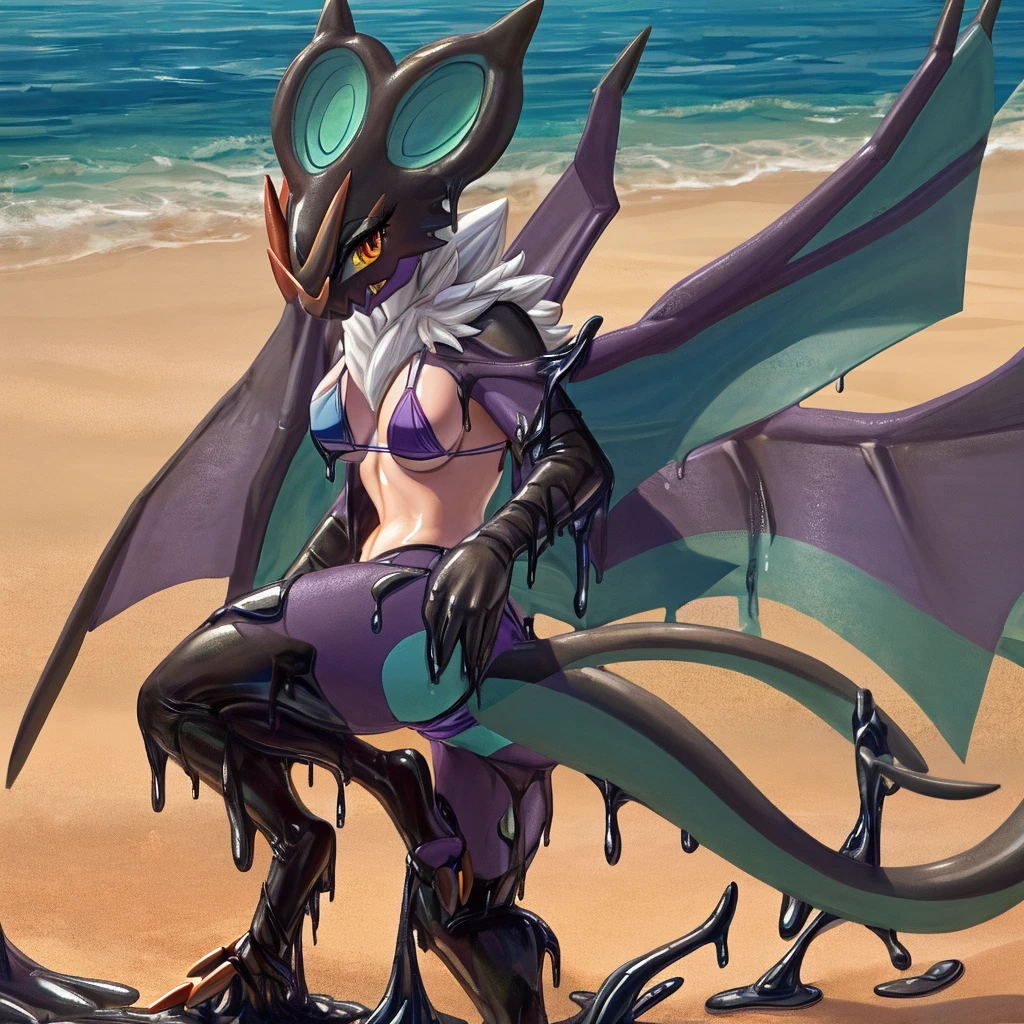 Female, solo, anthro noivern, beach, natural breasts, digitigrade, looking at viewer, detailed full body picture, wearing bikini, walking towards the viewer, wings on back, folded wings, detailed eyes, one tail, goo,
only partially transformed, goo transformation, transformation art, goo noivern merging with a human,(mid transformation:1.9), looking at viewer, (human), a human partially transformed into a female anthro noivern