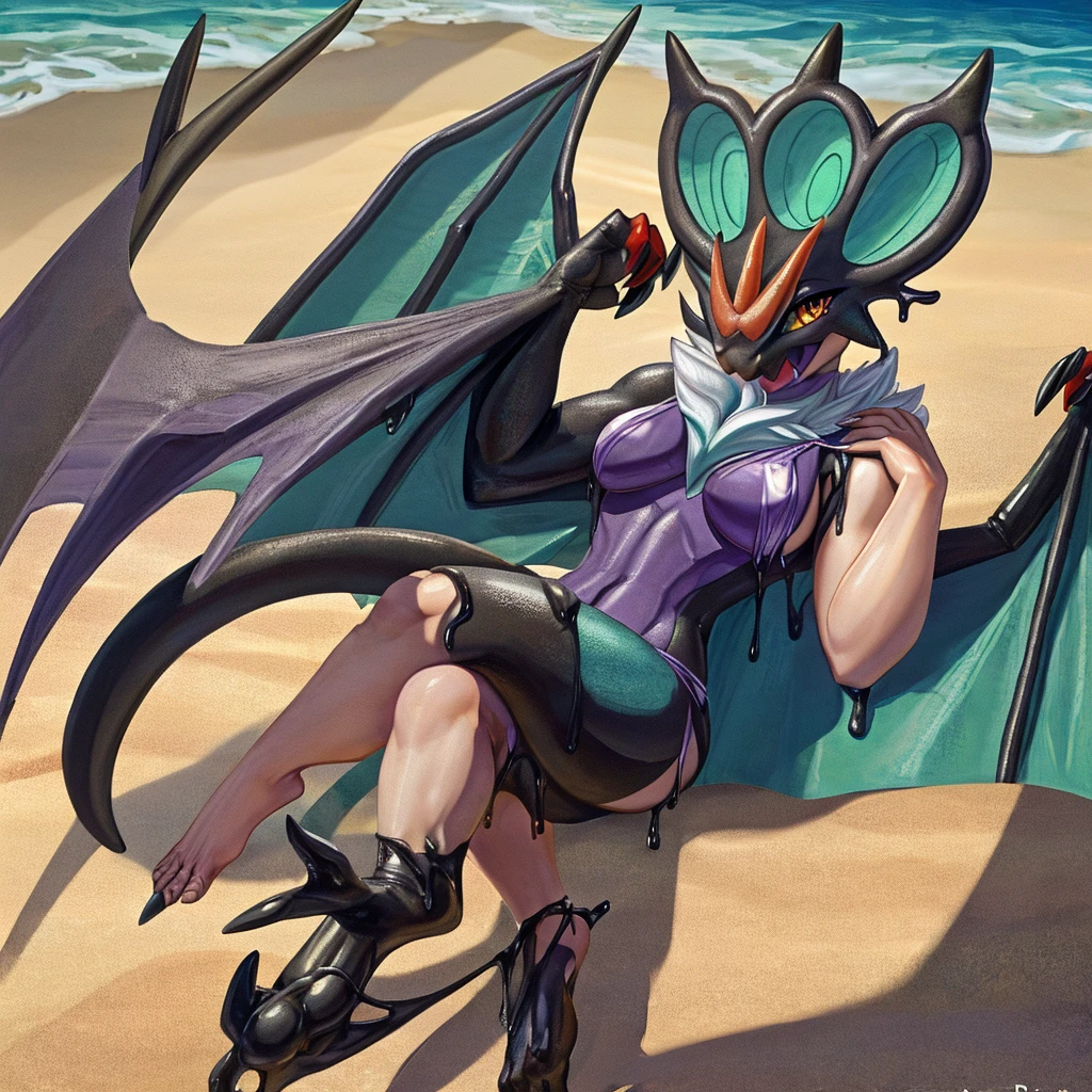 Female, solo, anthro noivern, beach, natural breasts, digitigrade, looking at viewer, detailed full body picture, wearing bikini, walking towards the viewer, wings on back, folded wings, detailed eyes, one tail, goo,

only partially transformed, goo transformation, transformation art, goo noivern merging with a human,(mid transformation:1.9), looking at viewer, (human), a human partially transformed into a female anthro noivern