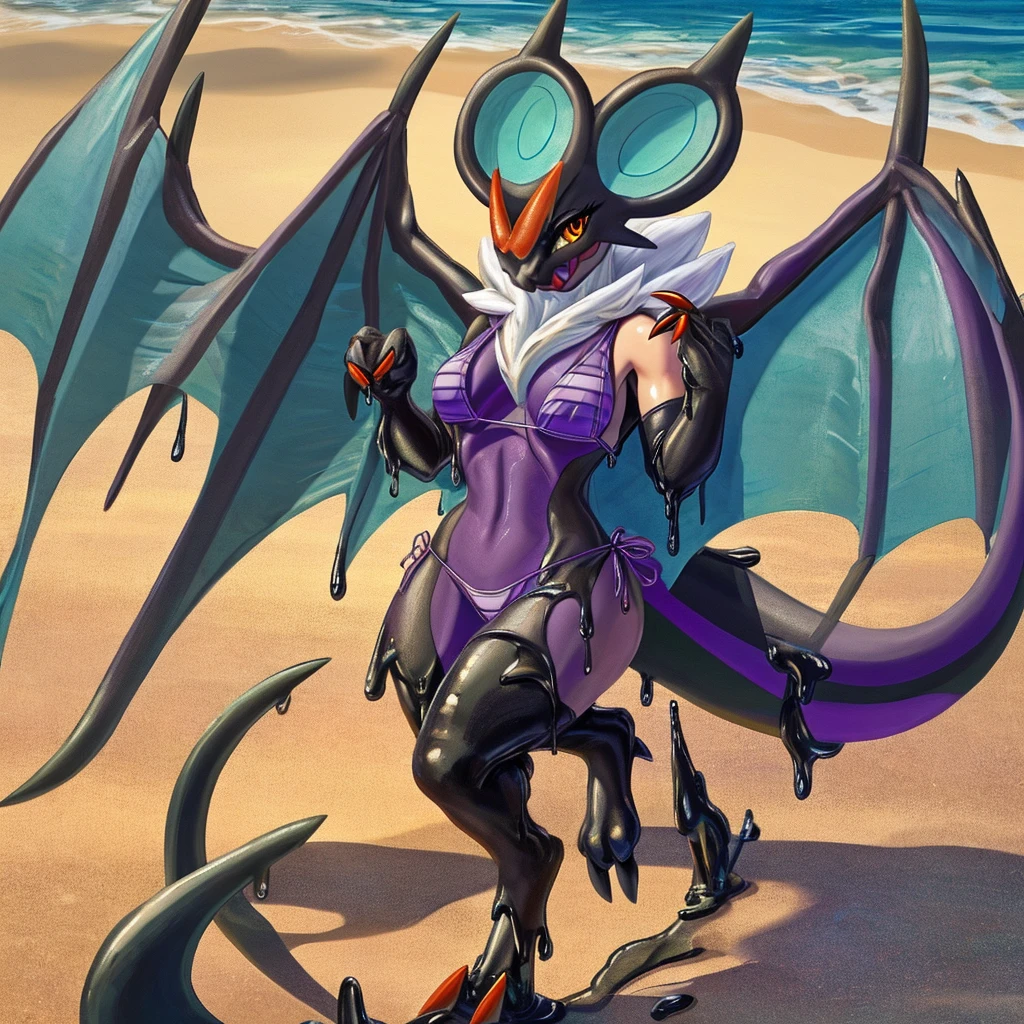 Female, solo, anthro noivern, beach, natural breasts, digitigrade, looking at viewer, detailed full body picture, wearing bikini, walking towards the viewer, wings on back, folded wings, detailed eyes, one tail, goo,

only partially transformed, goo transformation, transformation art, goo noivern merging with a human,(mid transformation:1.9), looking at viewer, (human), a human partially transformed into a female anthro noivern