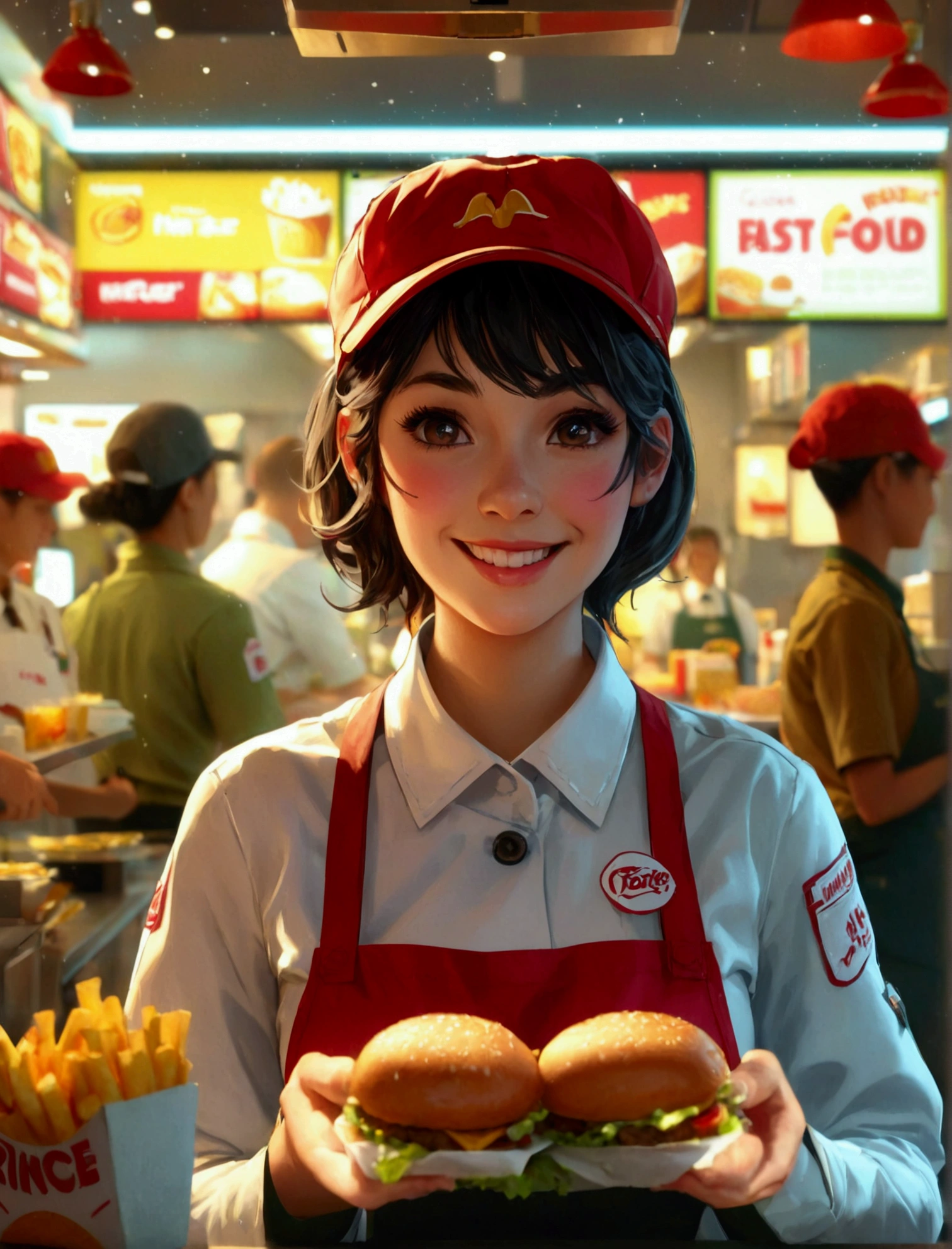 Aphotorealistic, ultra-detailed representation of a dedicated fast food worker serving customers behind the counter in an upper body shot. The individual, showcasing a genuine smile, is skillfully multitasking, handling various orders with precision and attention to detail. Their uniform, emblazoned with the familiar logos of the fast food chain, is worn neatly, and their hands move with dexterity as they assemble meals. The background is a blur of movement, customers lining up to place their orders. The scene is brightly lit, highlighting the worker's focused expression and the intricate mechanisms of the fast food assembly line. The image is shot in 8K UHD, gigantic breasts, giga_busty