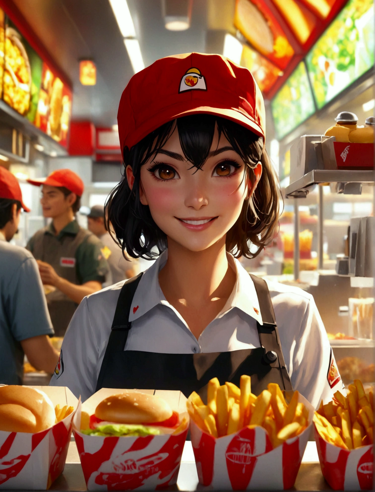 Aphotorealistic, ultra-detailed representation of a dedicated fast food worker serving customers behind the counter in an upper body shot. The individual, showcasing a genuine smile, is skillfully multitasking, handling various orders with precision and attention to detail. Their uniform, emblazoned with the familiar logos of the fast food chain, is worn neatly, and their hands move with dexterity as they assemble meals. The background is a blur of movement, customers lining up to place their orders. The scene is brightly lit, highlighting the worker's focused expression and the intricate mechanisms of the fast food assembly line. The image is shot in 8K UHD, gigantic breasts, giga_busty