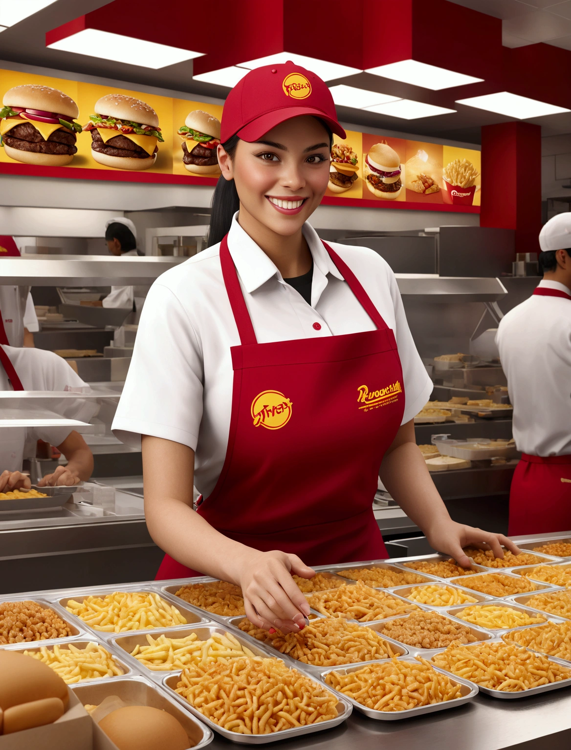 Aphotorealistic, ultra-detailed representation of a dedicated fast food worker serving customers behind the counter in an upper body shot. The individual, showcasing a genuine smile, is skillfully multitasking, handling various orders with precision and attention to detail. Their uniform, emblazoned with the familiar logos of the fast food chain, is worn neatly, and their hands move with dexterity as they assemble meals. The background is a blur of movement, customers lining up to place their orders. The scene is brightly lit, highlighting the worker's focused expression and the intricate mechanisms of the fast food assembly line. The image is shot in 8K UHD, breasts, giga_busty