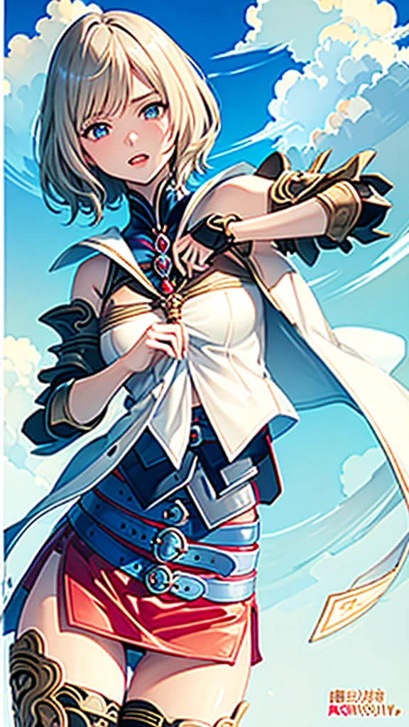White background,appearance々Facial expressions,cowboy shot,(masutepiece, of the highest quality, Best Quality, Official art, Beautiful and aesthetic:1.2), ighly detailed, Colorful,highest details,Illustrations,Everyday scenery, 1girl in, Solo, (Final Fantasy 12,Ashelia, shorth hair,short-hair ,Ashelia Costume,Red mini skirt, thighs thighs thighs thighs, Knee socks that cover up to the shin,jewely, Blue belt,Number on one of the belts), is standing, gritted teeth, Heavy breathing, move chart,Medieval fantasy