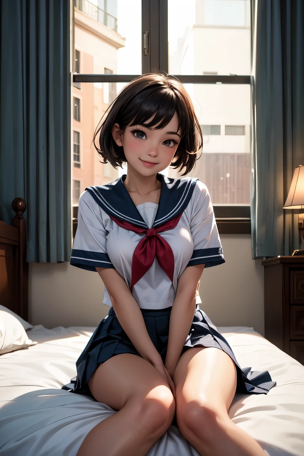 very cute and beautiful girl,(highly detailed beautiful face and eyes),
(smile:1.2),blush,embarrassed,looking at viewer,serafuku,pleated navy blue mini skirt,
black hair,sitting on bed sheet,antique hotel bedroom,bag on floor,
(best quality,masterpiece),absurdres,highres,ultra-detailed,extremely detailed,32k,8k resolution,
intricate details,cinematic scene,detailed background,solo,dynamic angle,